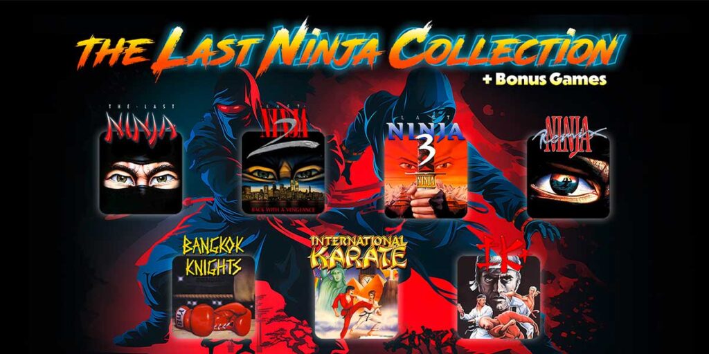 Copertina ufficiale The Last Ninja Collection: due ninja in azione, occhi minacciosi, fondo rosso e blu, loghi dei giochi classici System 3 anni '80.