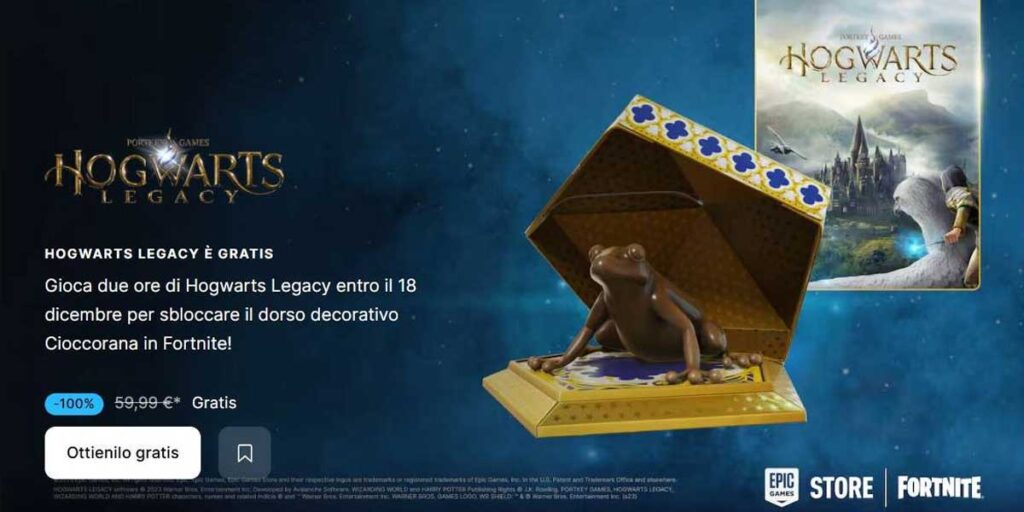 Hogwarts Legacy gratis su Epic Store fino al 18/12/2025! Gioca 2 ore e sblocca il Fortnite Chocolate Frog esclusivo. Promo Game Awards unisce magia e battle royale.