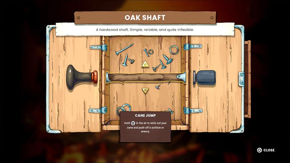 Interfaccia di personalizzazione del bastone modulare in The Eternal Life of Goldman, con focus sui componenti intercambiabili come l'impugnatura e la punta in legno "Oak Shaft".