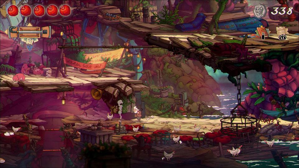Screenshot del gameplay di The Eternal Life of Goldman che mostra il protagonista Goldman in un villaggio costiero dettagliato, circondato da galline e architetture in legno disegnate a mano.