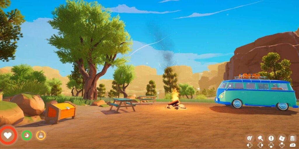 Camper blu in un paesaggio desertico con alberi e rocce, atmosfera rilassante e creativa.
