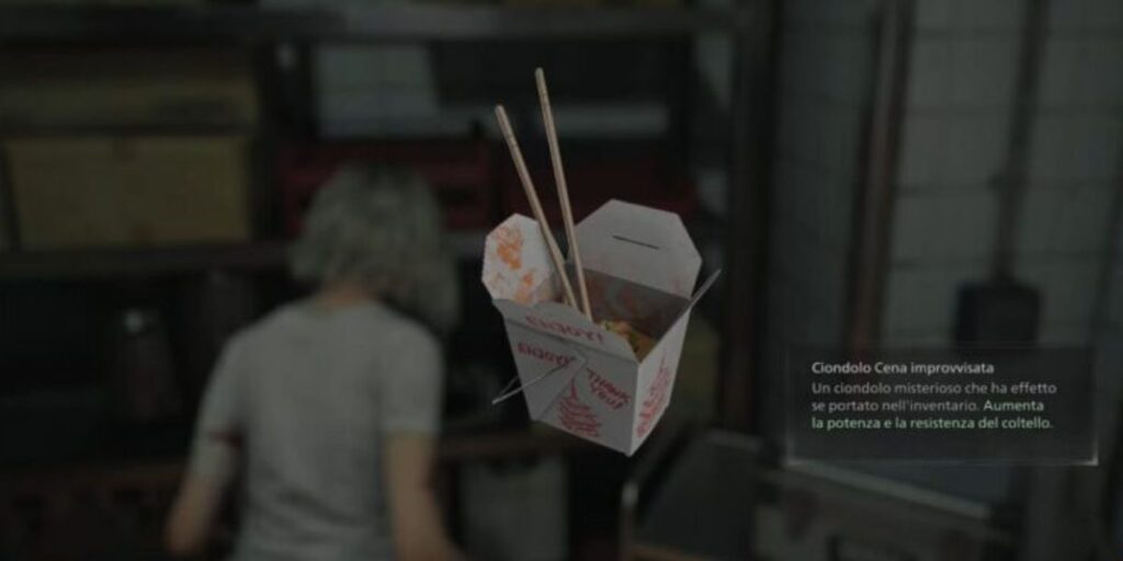 Box di cibo cinese con bacchette, simbolo di Easter Egg in Resident Evil 9.