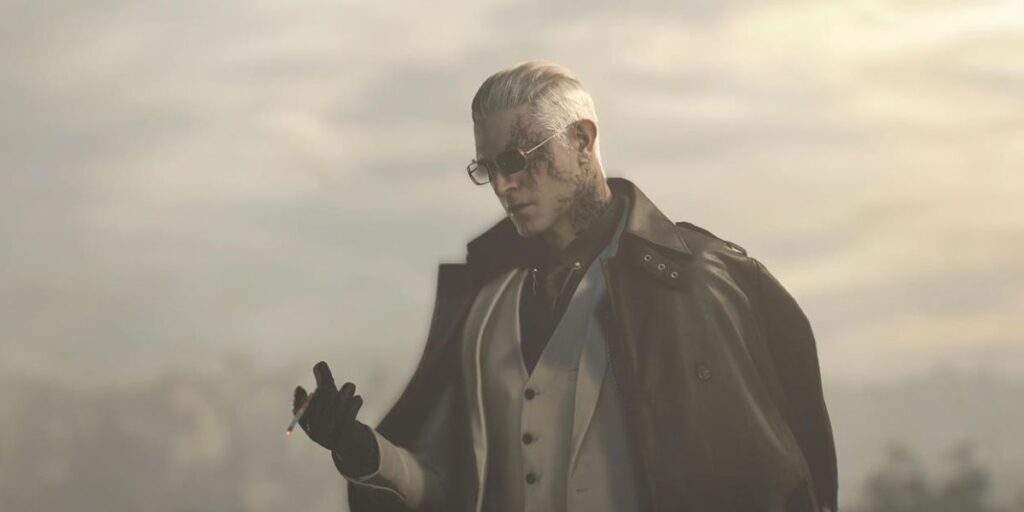 Personaggio misterioso di Resident Evil 9 con cappotto e occhiali da sole.