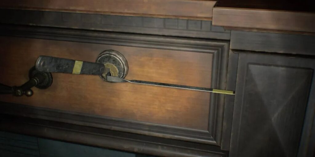 Dettaglio di un'arma nascosta in Resident Evil 9, con elementi misteriosi e segreti nascosti.
