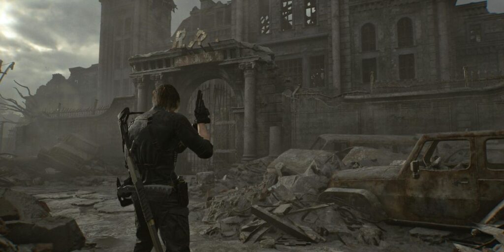 Dettaglio di un personaggio di Resident Evil 9 Requiem in un ambiente post-apocalittico.