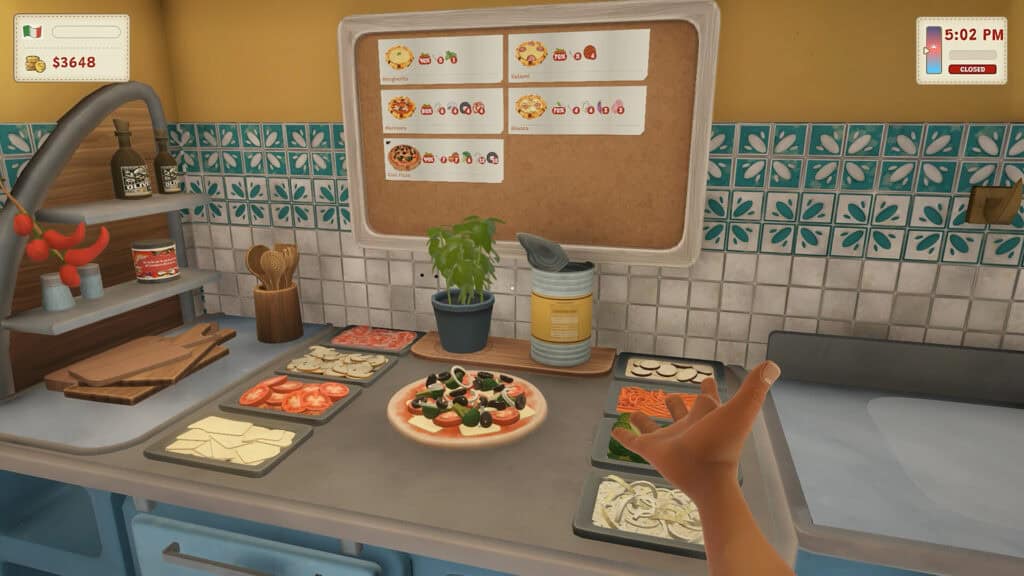 Immagine di una cucina vintage con pizza e ingredienti, richiamando l'epoca degli anni '60 a New Yor.